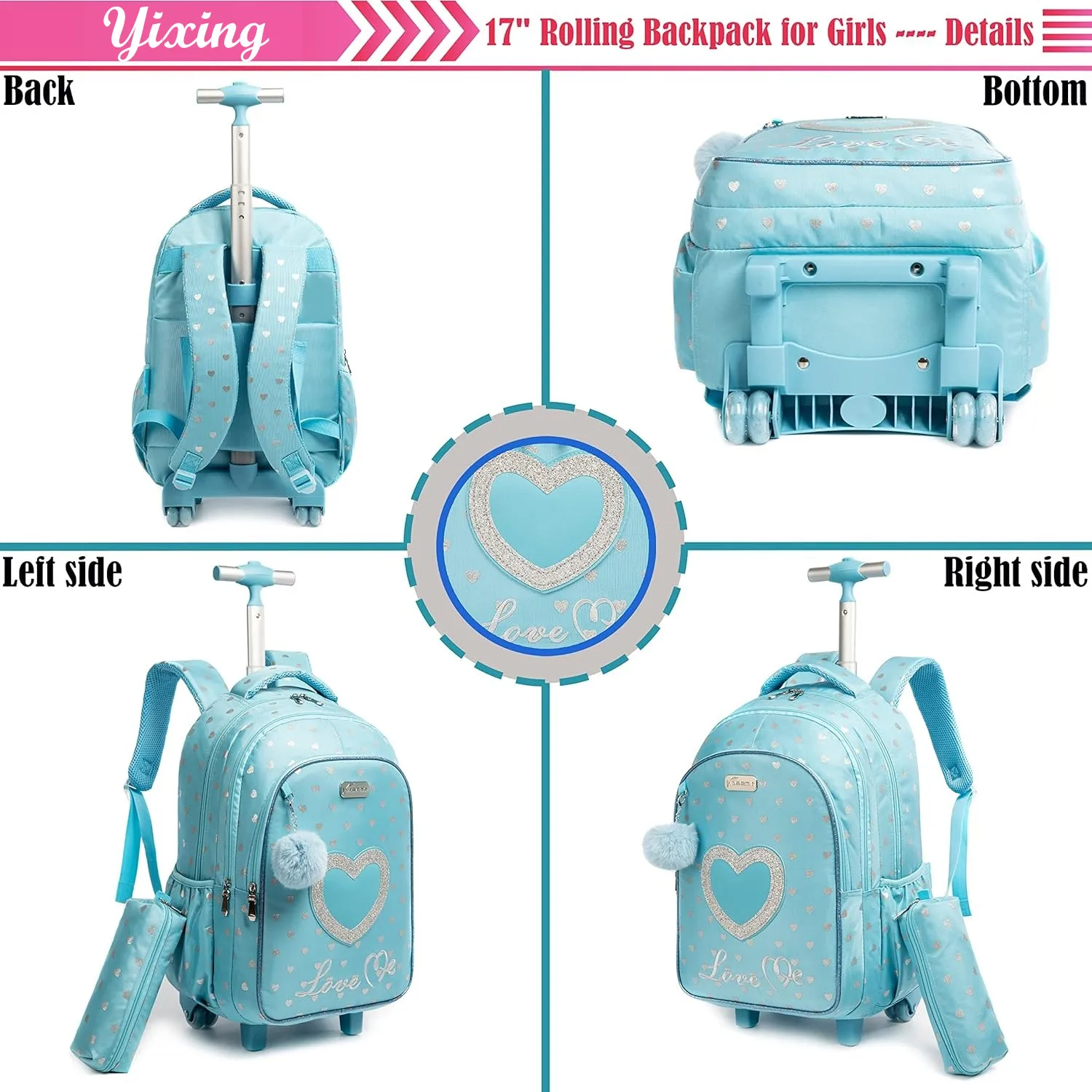 Sac à dos scolaire à roulettes pour enfants avec boîte à lunch, sac à roulettes pour filles, ensemble de sacs à roulettes