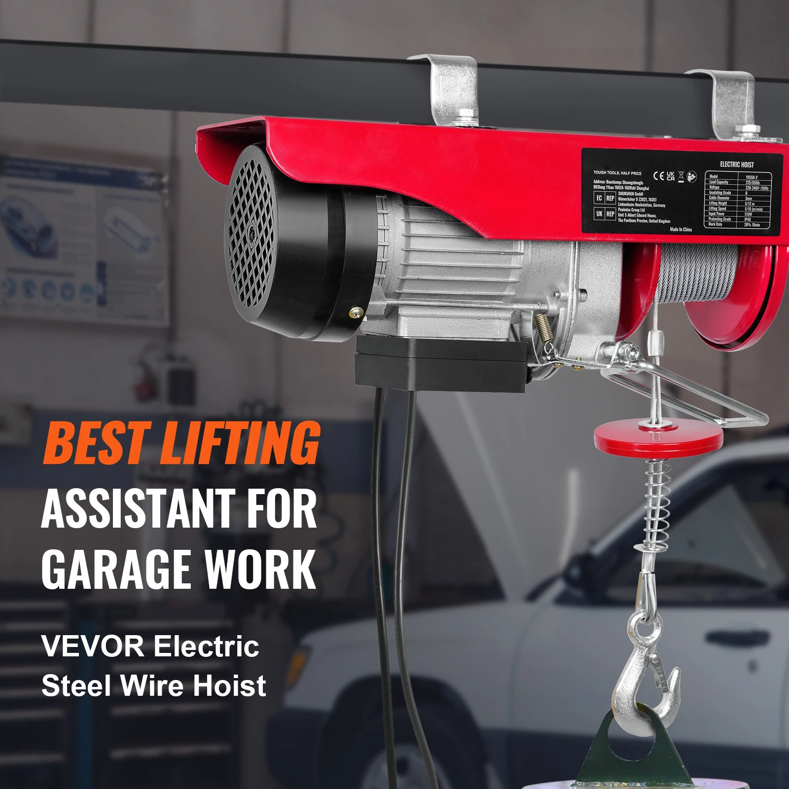 SucceBuy talha elétrica com fio de 880/1760/2640lbs com altura de elevação de 40 pés e guincho elétrico de fio de aço com motor de cobre puro para garagem