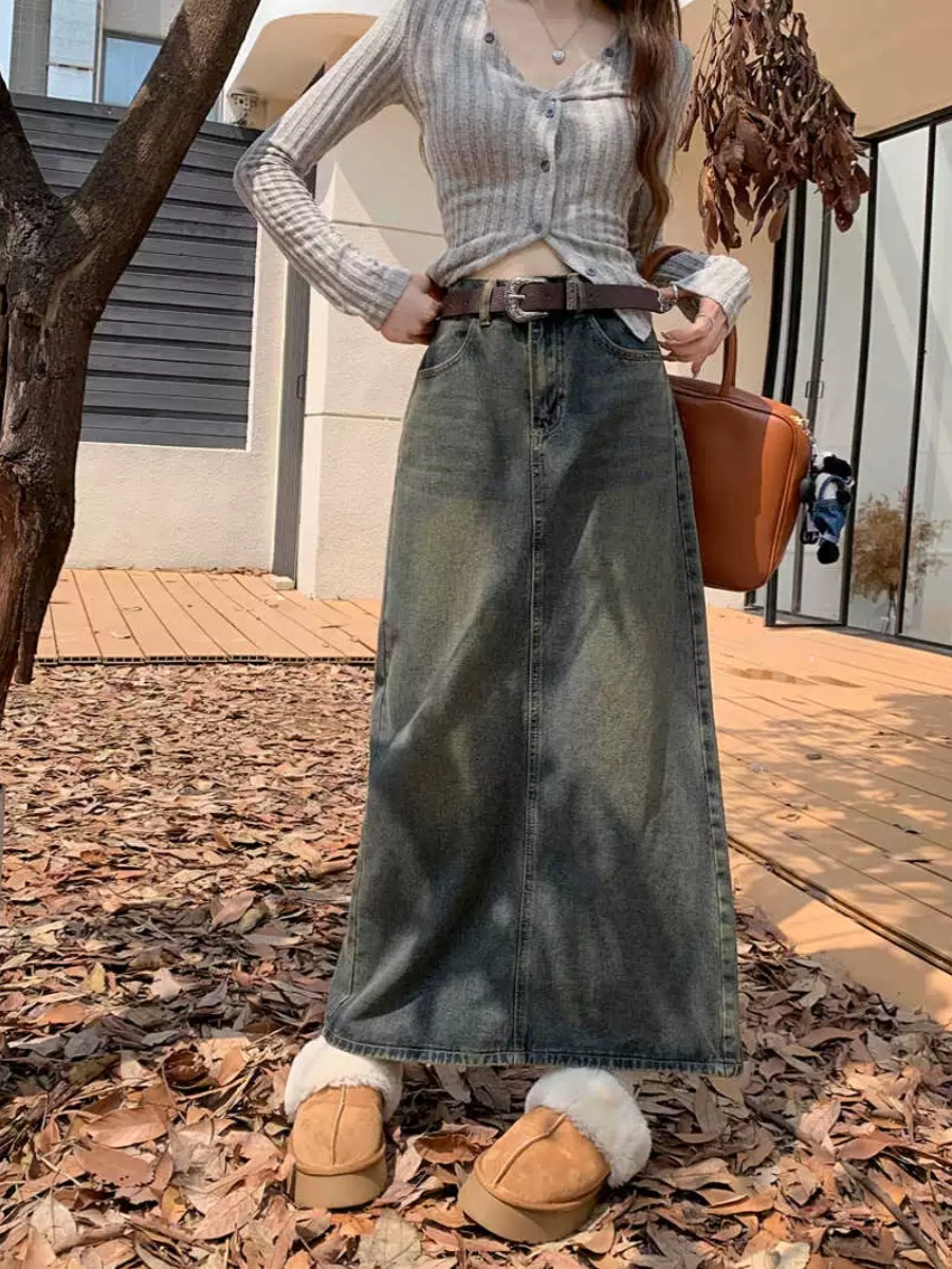 High Waist A-Line Midi Denim Skirt for Pear Shaped Women Spring Autumn plus Size Vintage Loose Slimming Skirts