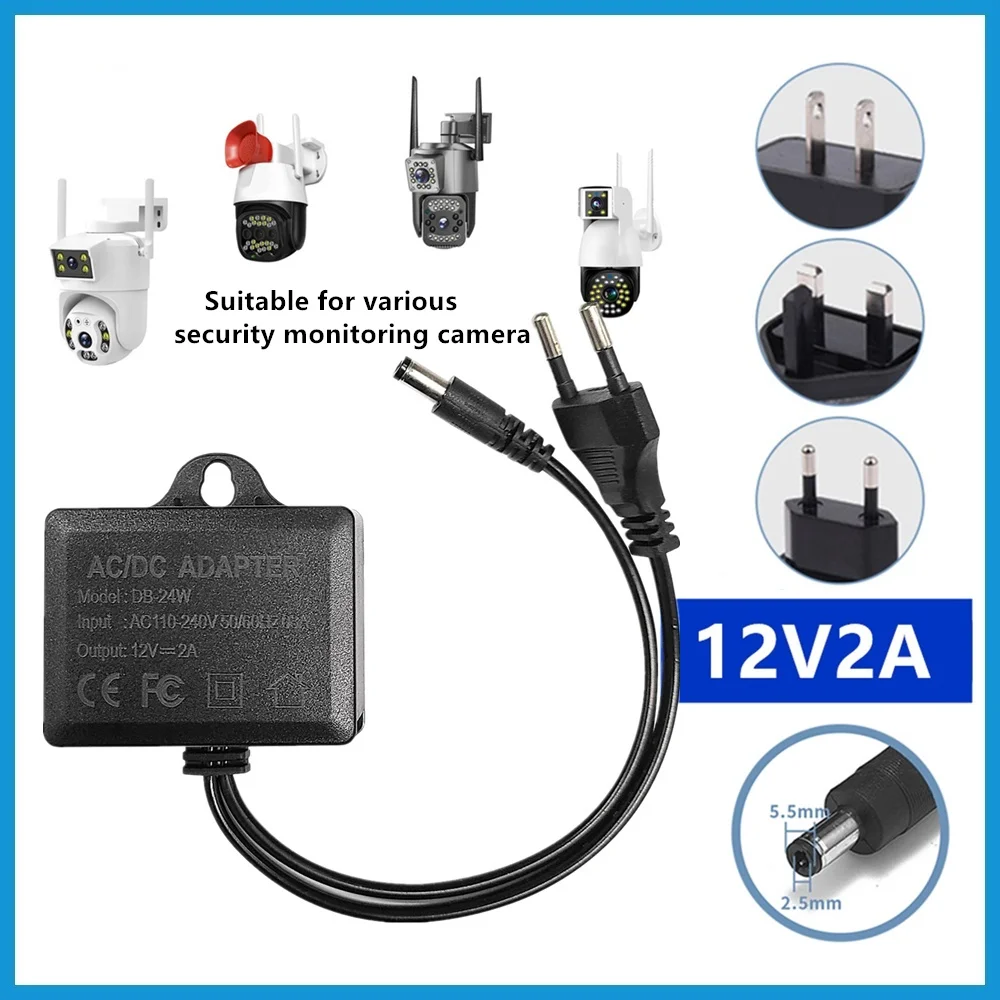 Adaptador de alimentação para câmera CCTV AC/DC 12V 2A externo à prova d'água UE EUA Adaptador de tomada Carregador para câmera CCTV