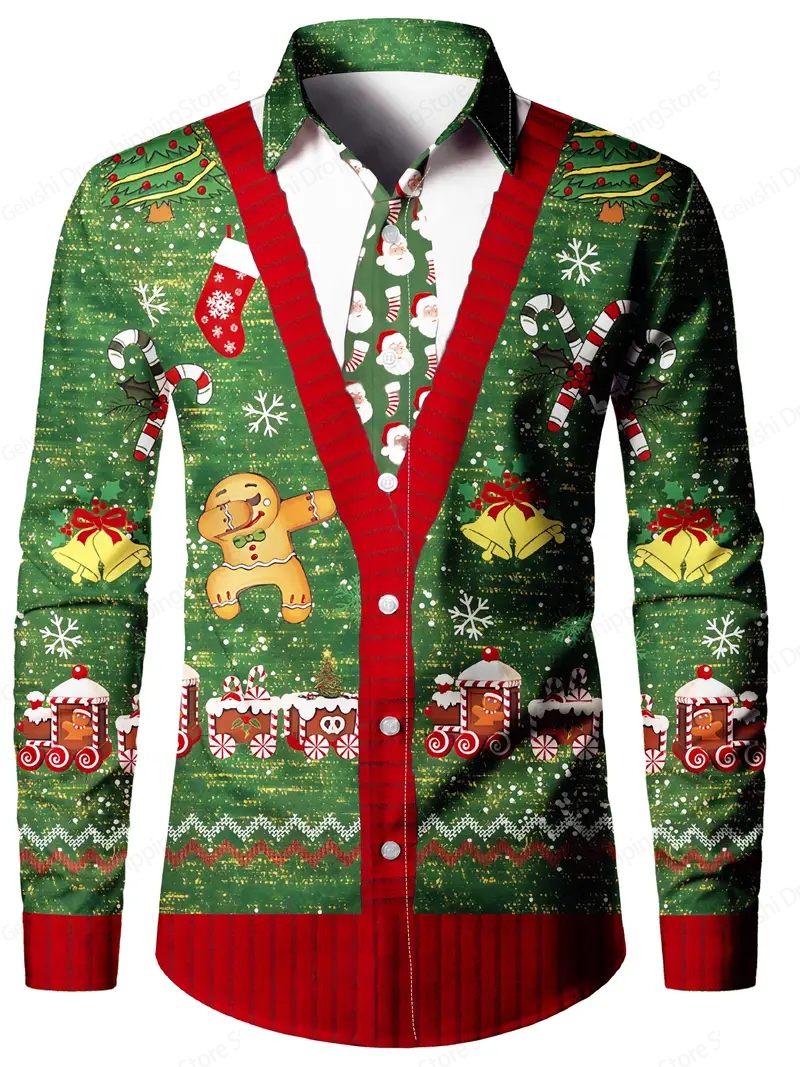 Langarm Weihnachten Hawaii Hemden Weihnachts baum Grafik Hemden Männer Mode Strand hemd Kuba Bluse Männer Kleidung Santa Claus