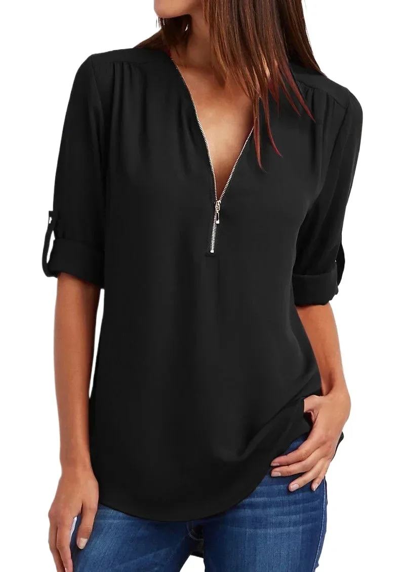 Camisa holgada fresca de verano para mujer, blusa de gasa con cuello de pico profundo, Tops informales para mujer, jersey Sexy con cremallera de talla grande, moda de manga larga