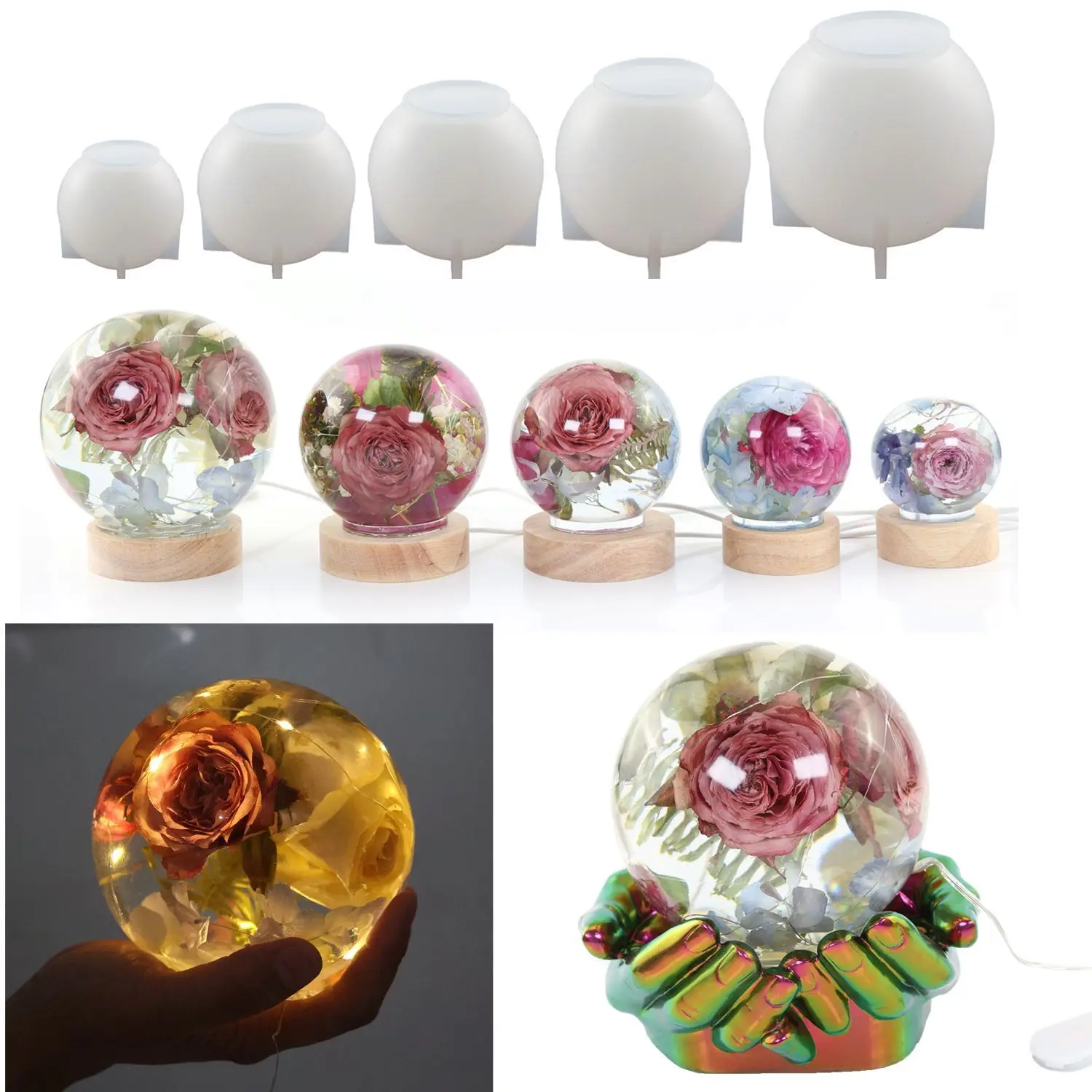 Molde de resina Epoxy de cristal esférico de una sola pieza DIY, molde de silicona para espejo con esfera de flor seca