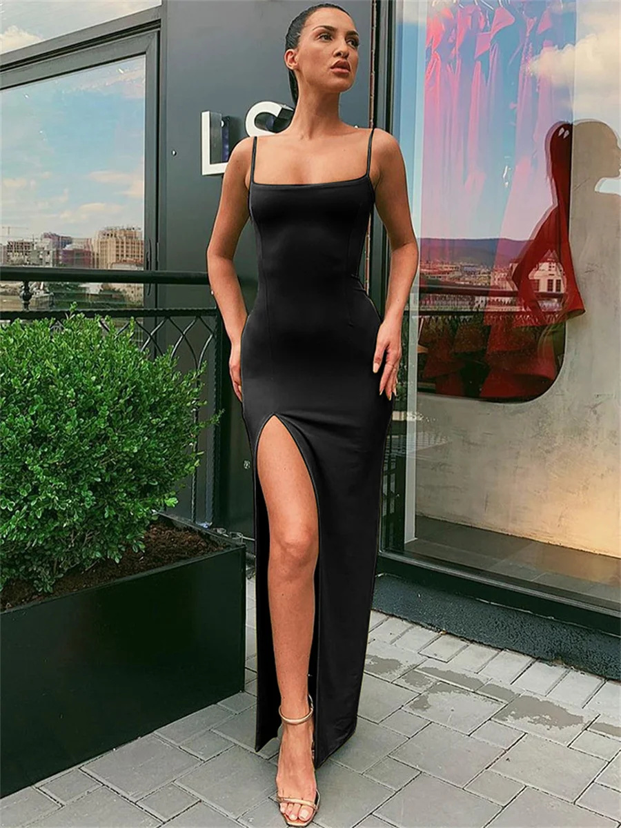 ผู้หญิงฤดูร้อนเซ็กซี่Bodyconชุดเลดี้เซ็กซี่สปาเก็ตตี้สายคล้องคอแยกสีทึบชุดVestidos