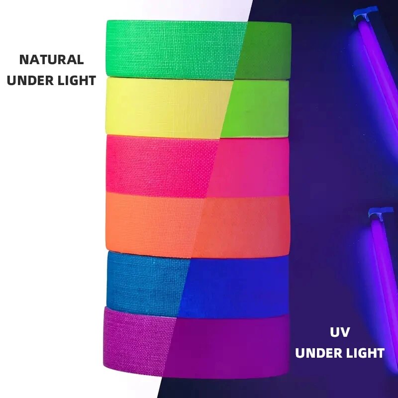 เทปผ้าฝ้ายเรืองแสง 6 สี, UV Blacklight Reactive, สีนีออนสําหรับตกแต่งงานปาร์ตี้, ฮาโลวีน, งานฝีมือ