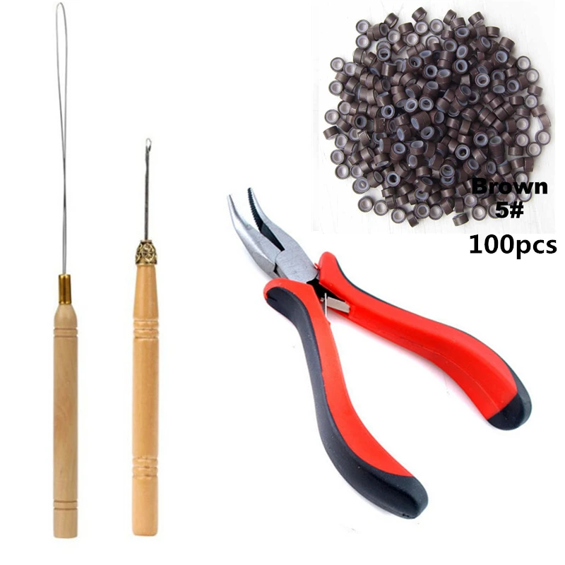 I-Tip Haarverlängerungs-Werkzeug-Set mit Zange, Zughaken, Perlengerät, 100 Stück, 5 mm, Mikroglieder, Ringe, Perlen, Haarverlängerungszubehör