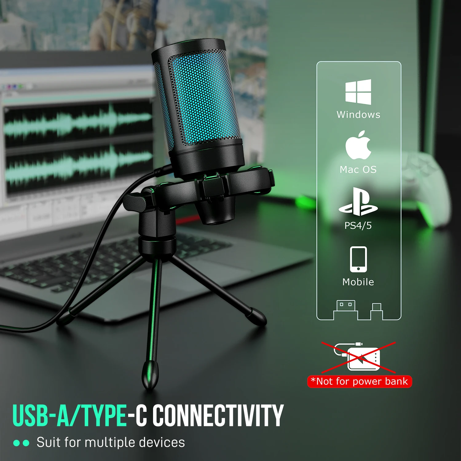 Mikrofon gamingowy AmpliGame firmy FIFINE RGB USB z funkcją wyciszania na dotyk, mikrofon pojemnościowy ze statywem do PC, PS4/5, laptopa Streaming-A2