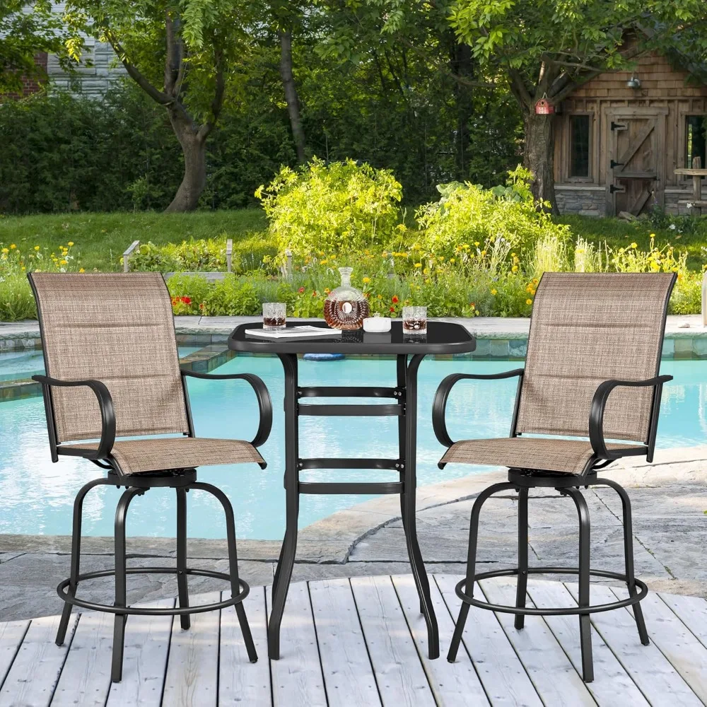 2 Piece Patio Swivel Bar Stools Texteline Bistro Chairs with High Back/Armrest/Footrest, All Weather Padded Seating Outdoor Fur
