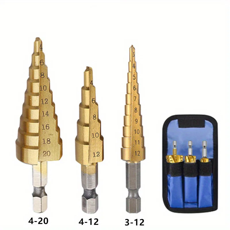 3pcs Step Drill Set Metal Woodworking Reamer Step Drill Bit Titanium Coated Wood Metal Hole Cutter Core Cone Drilling Tools Set