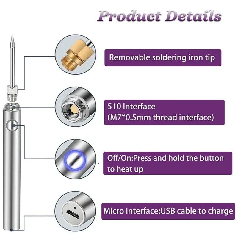 New Cordless Soldering Iron Tool Pen Portable USB 5V 8W Electric Powered 3 Tip Kit Rechargeable and Temperature Adjustment