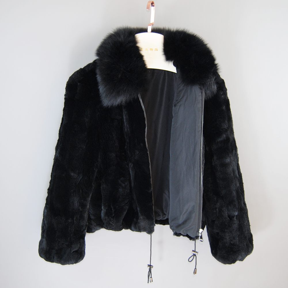Hot Fashion Women Winter Warm Soft Quality Real Rex Rabbit Fur Coat Rex Rabbit Fur Short Jacket Big Real Fox Fur Collar Overcoat
