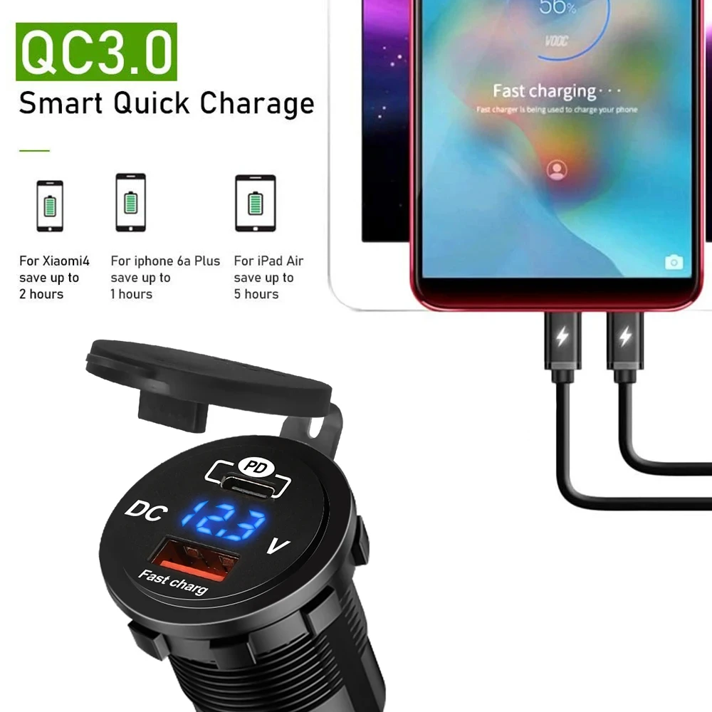 1SET 60W PD QC3.0 Car Charger Socket with Voltage Meter Quick Charge 3.0 Socket Power Outlet for 12V/24V Motorcycle Truck Boat