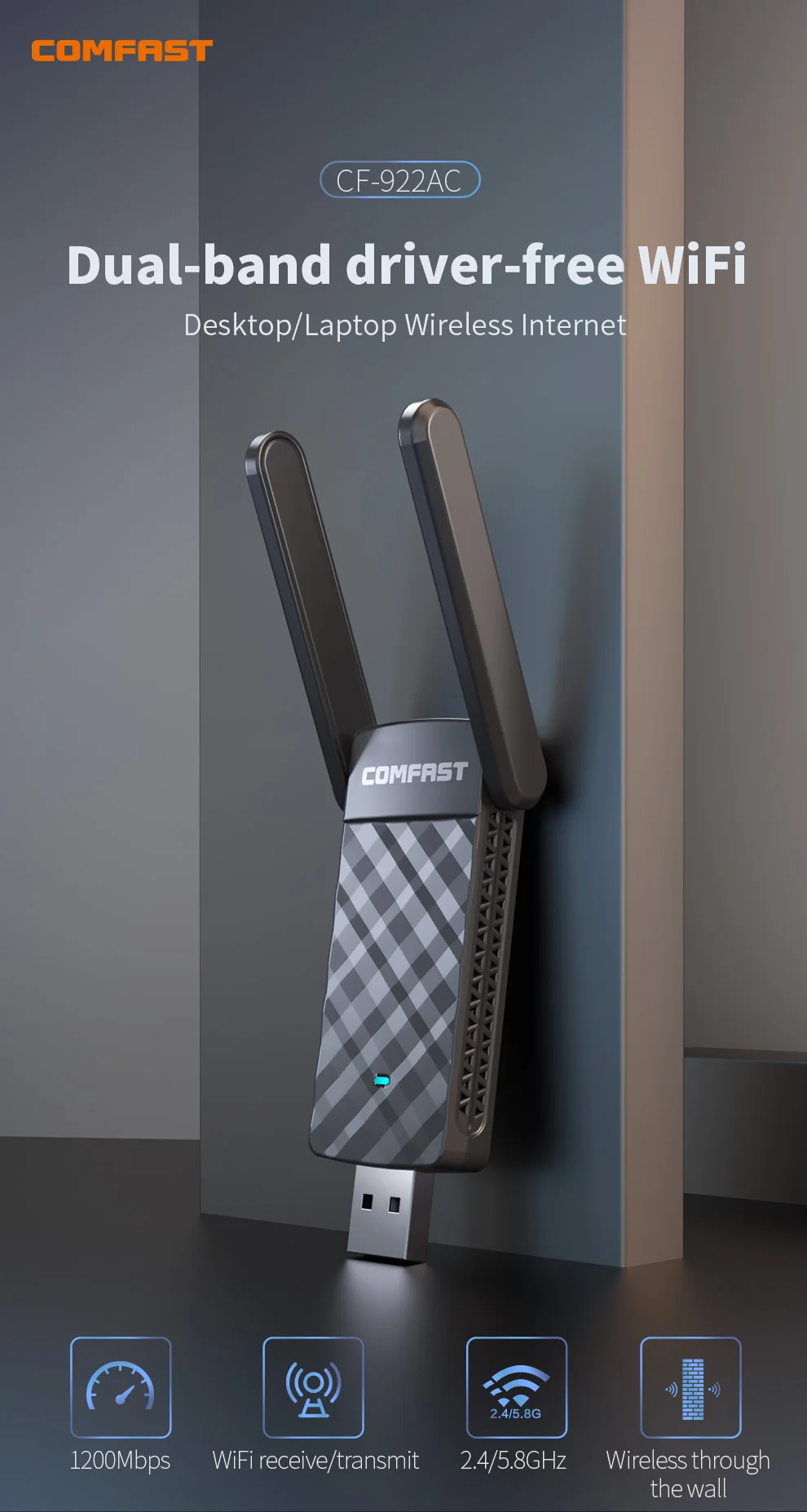 COMFAST 1200M Адаптер Wi-Fi Usb 5 ГГц Ethernet Lan Сетевые карты MT7612U Беспроводной Para De Rede Tarjeta Приемник Linux