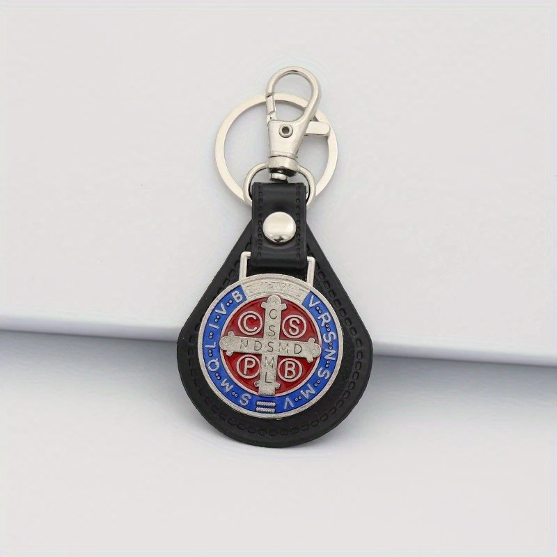 2pcs PU Leather St Benedict Pendant Key Chain Keyring Religious Jesus St. Benedict Keychain Women Men Catholic Baptism Jewelry