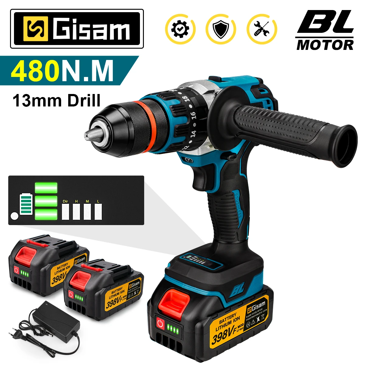 13mm 480N.M Brushless Electric Impact Drill Cordless Drill Electric Screwdriver DIY Driver Power Tool for Makita 18V Battery Pin