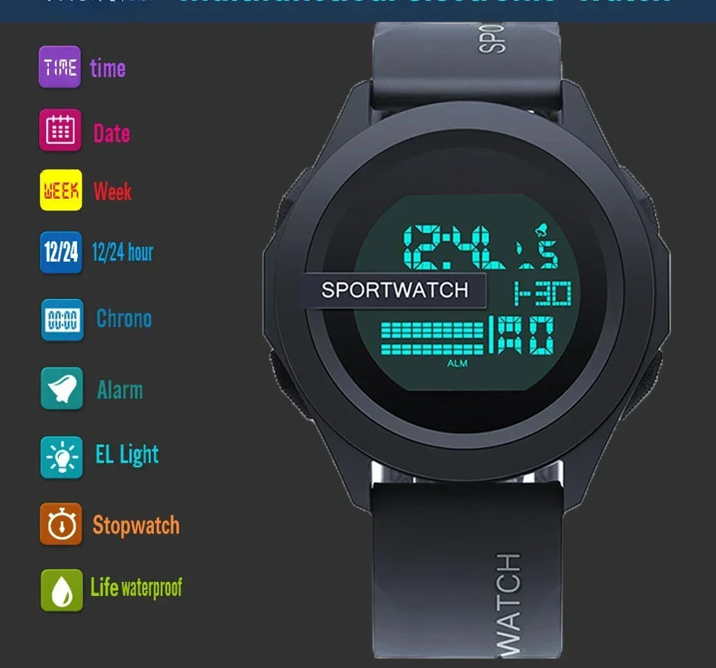 Reloj deportivo para hombre, reloj de pulsera Digital, cronómetro luminoso con fecha y semana, reloj electrónico resistente al agua para hombre, nuevo