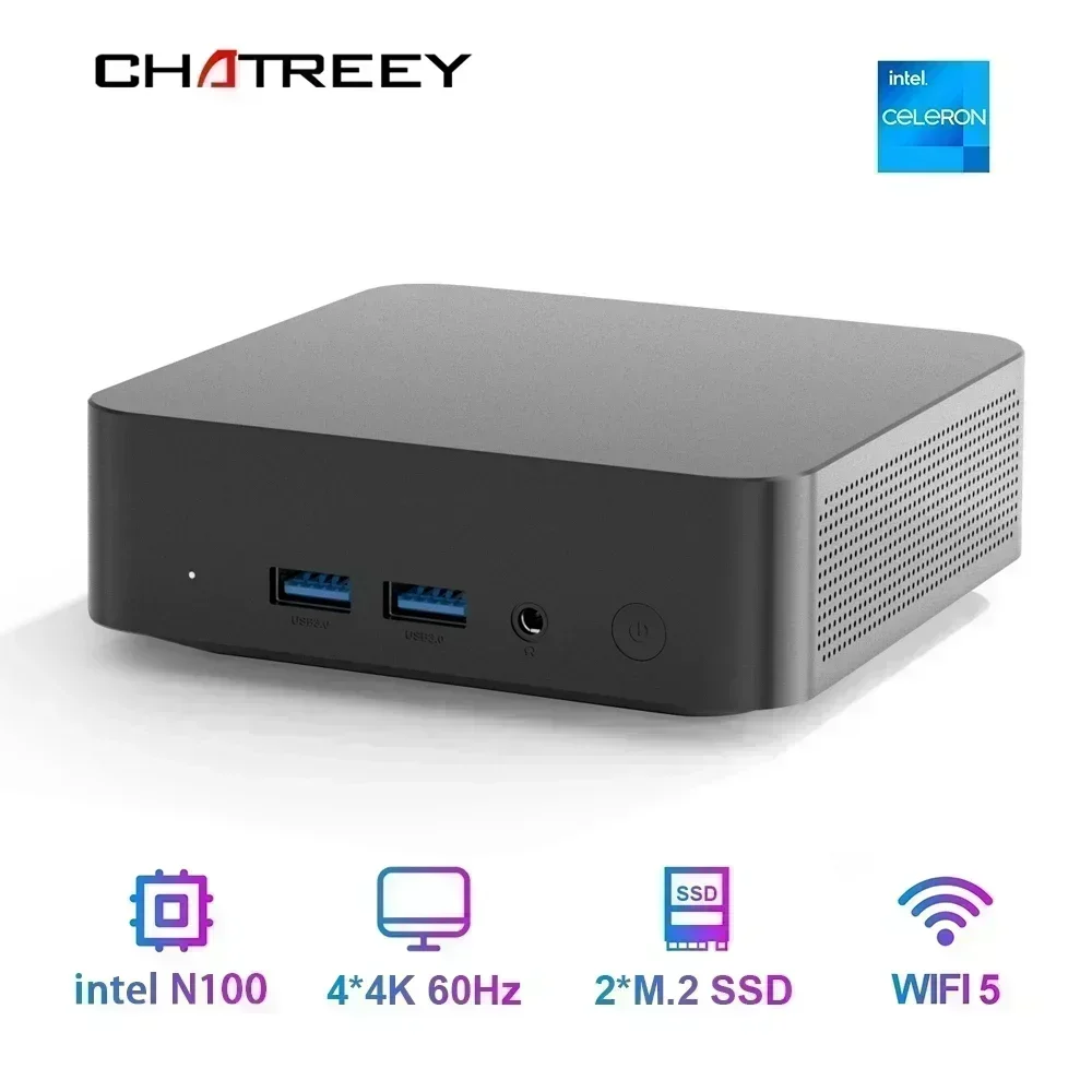 Chatreey T9 Mini PC Intel Alder Lake N100 Windows 11 computadora de bolsillo ultra pequeña SSD dual Función completa Tipo-C 4K 60Hz RGB