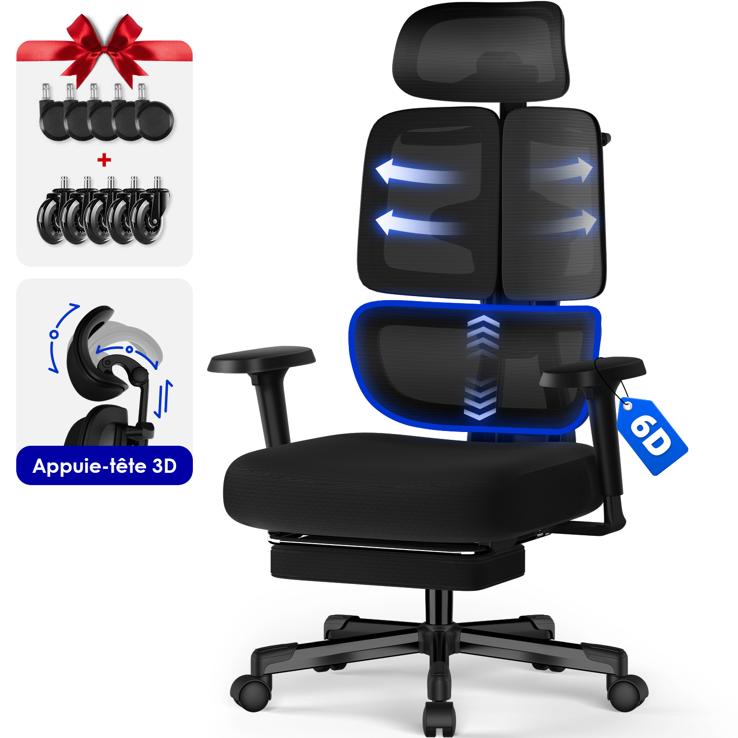 AUTHMIC Premium Ergonomischer Bürostuhl mit 6D-verstellbaren Armlehnen, 3D-Kopfstütze, 3-Zonen-Rückenlehne, 200 kg Tragkraft, Liegestuhl 90 ° -160 °