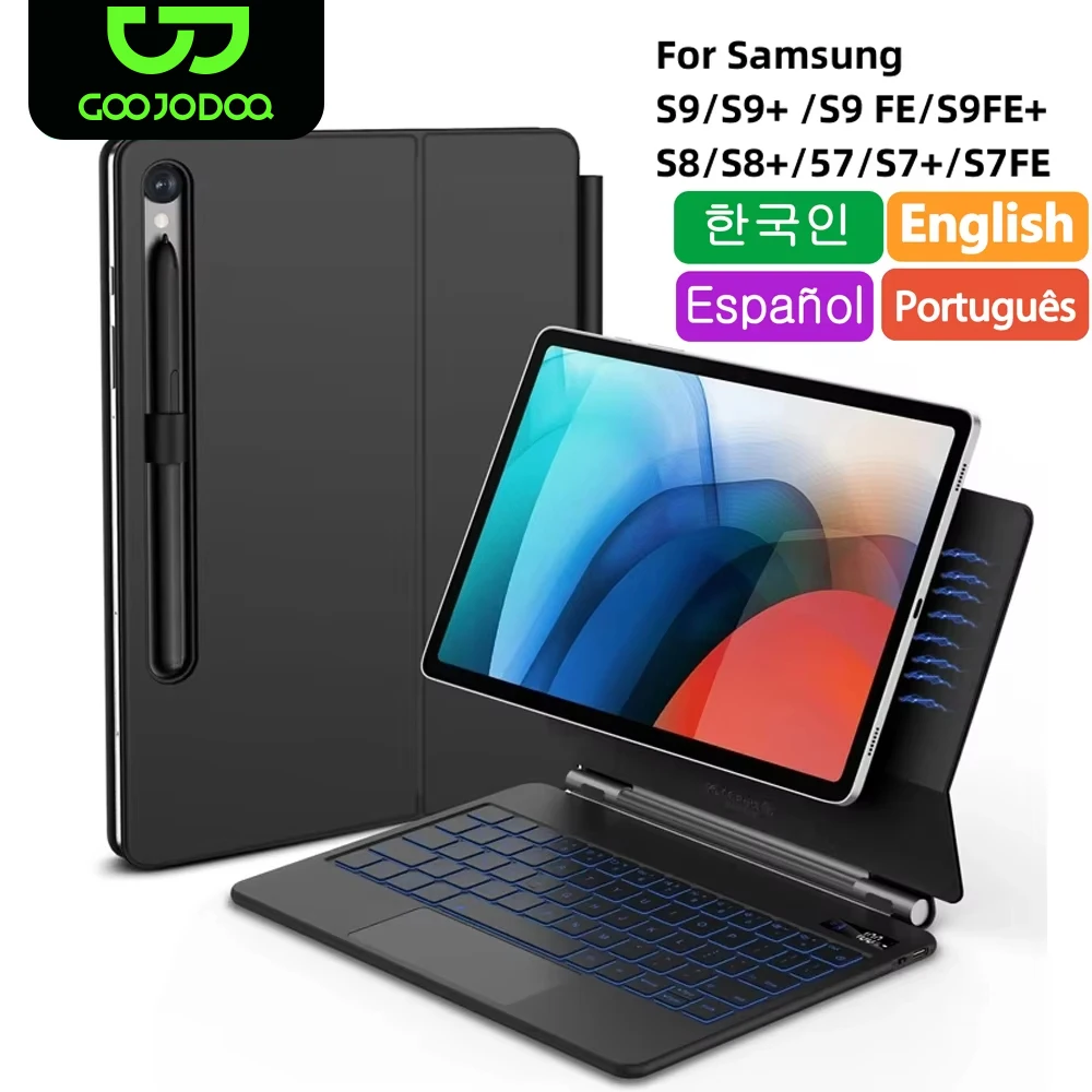 Magische Tastatur für Samsung Galaxy Tab S7 Plus S8 S9 + FE 11, 12,4 Zoll, Trackpad, Hintergrundbeleuchtung, schwimmend, verstellbarer Winkel mit Stifthalter