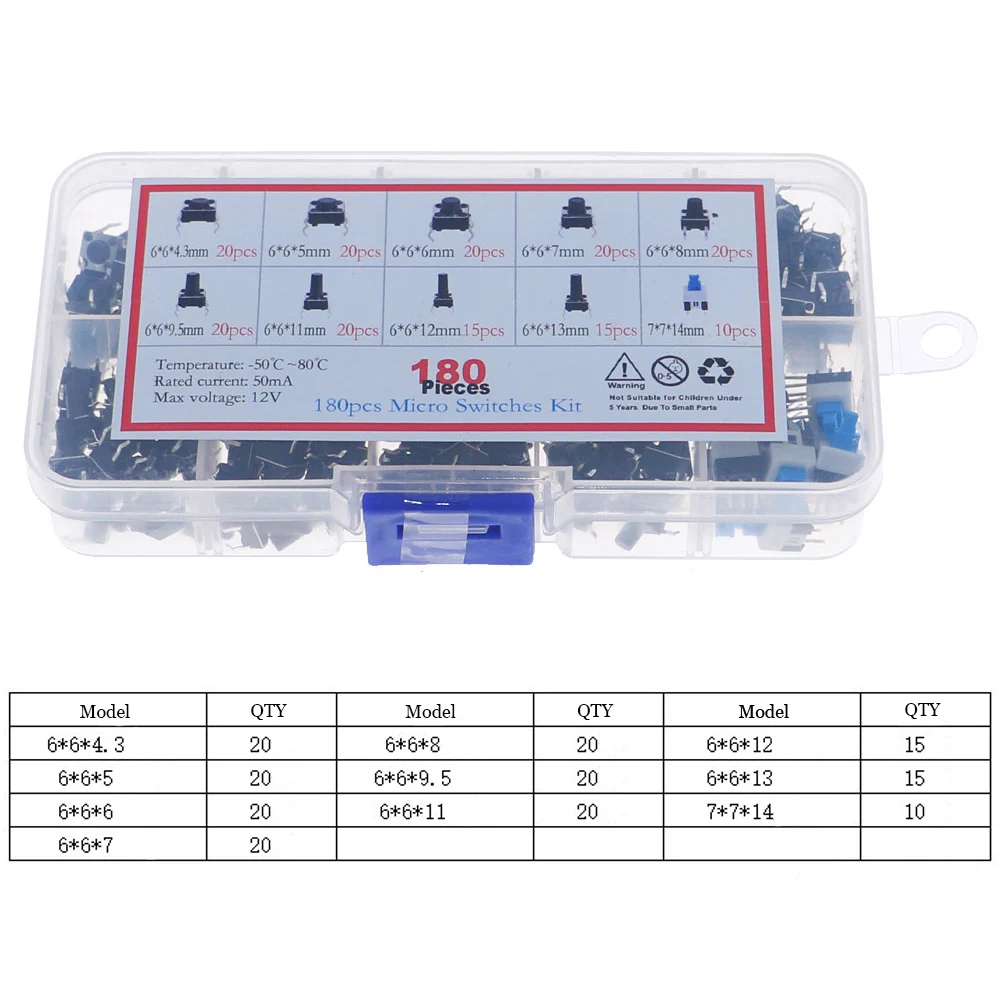 180 pz 10 tipo 6*6 luce Micro interruttore tattile Set interruttore a pulsante assortimento Set fai da te 6x6 tasti Tact ON/OFF kit pacchetto misto