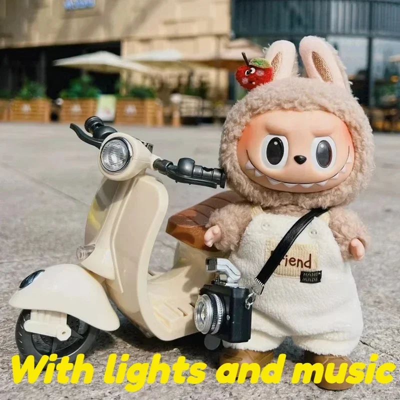 Labubu boneca mini motocicleta elétrica, acessórios de boneca labubu, brinquedos de boneca fofos divertidos, com luzes e música, presente de natal infantil diy