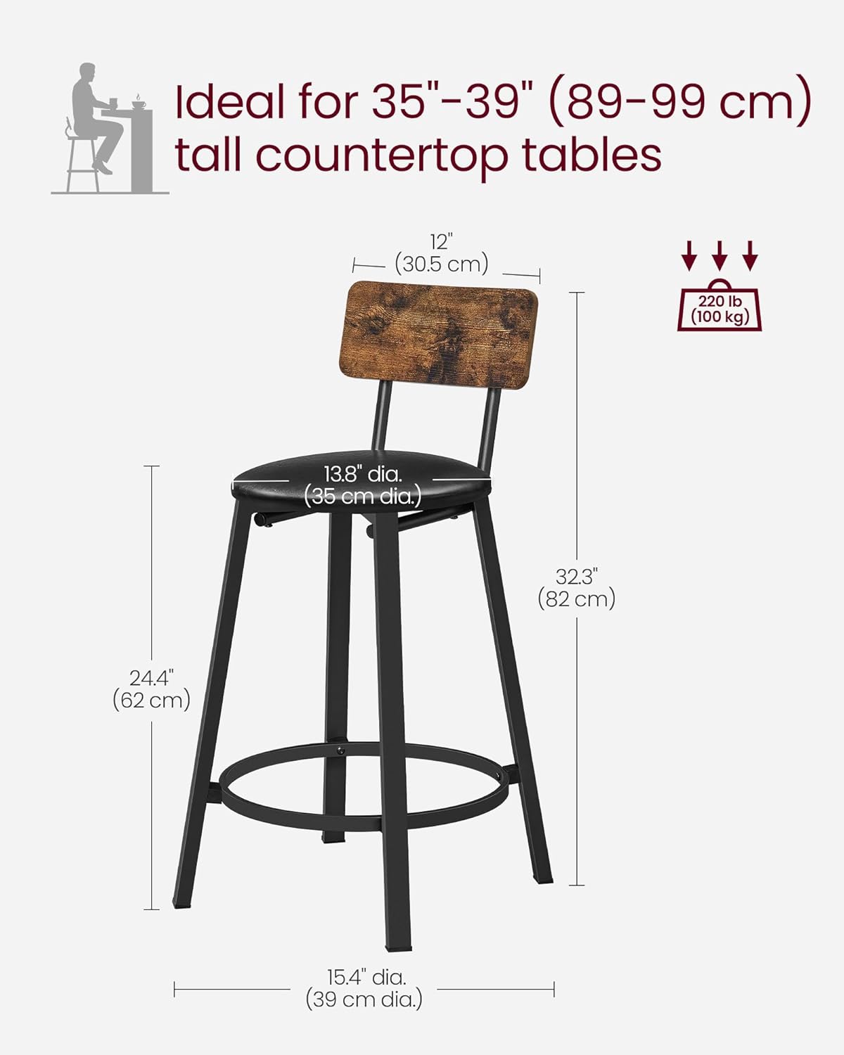 VASAGLE Bar Stools, Set of 2 PU Upholstered Breakfast Stools, Counter Height Stool, Footrest, Simple Assembly