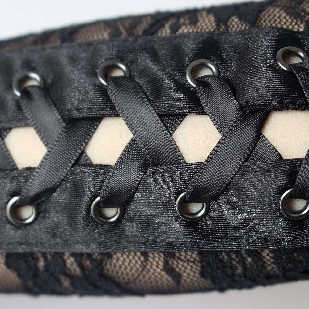 Guantes sexis de encaje Floral hasta el codo para mujer, guantes de medio dedo, cinta de hilo negro, atados para fiesta de baile, mitones de rejilla sin dedos