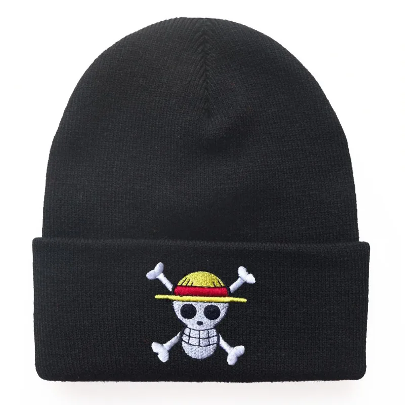Nuevos gorros de una pieza para mujer, gorro cálido de otoño e invierno, gorros bordados de calavera de Anime Luffy para Cosplay, gorros tejidos Unisex, regalos