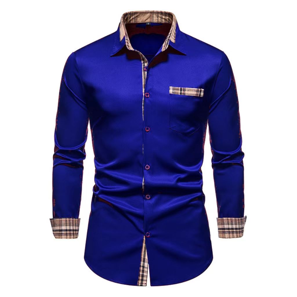 Camisa formal informal de manga larga con bloques de color para hombre, camisa de lujo a cuadros ajustada, talla extra grande xs-6xl