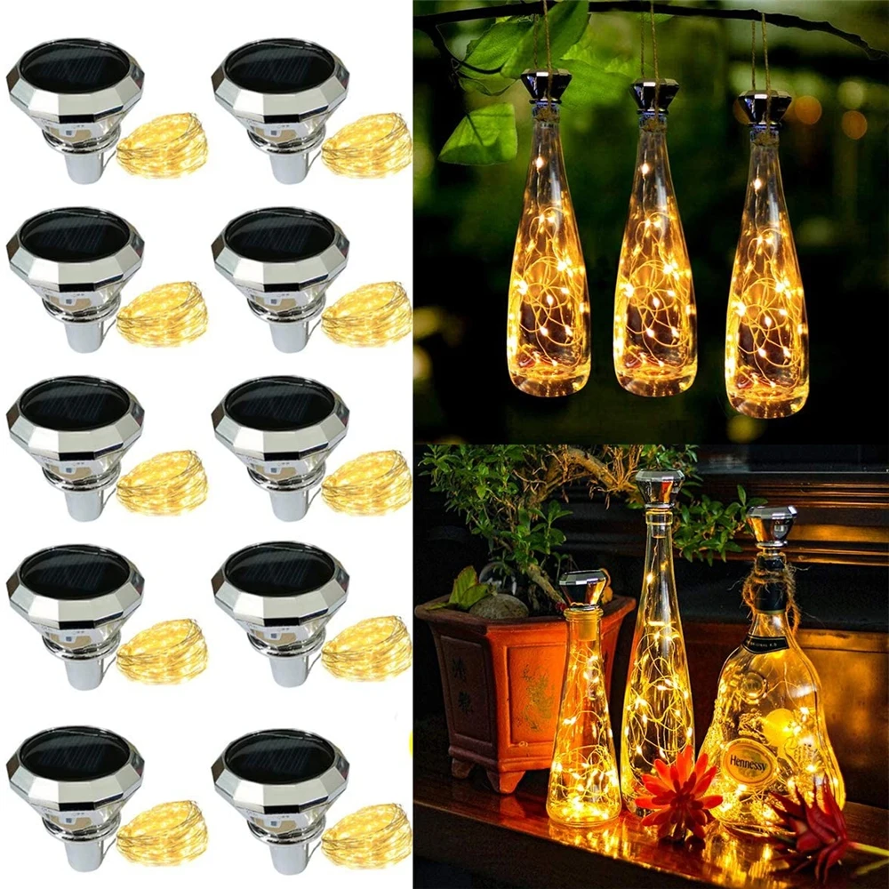 Luces solares para botellas de vino actualizadas, 2M, 20 LED, alambre de cobre, guirnalda de luces para decoración del banquete de boda de Navidad, paquete de 4/8/10