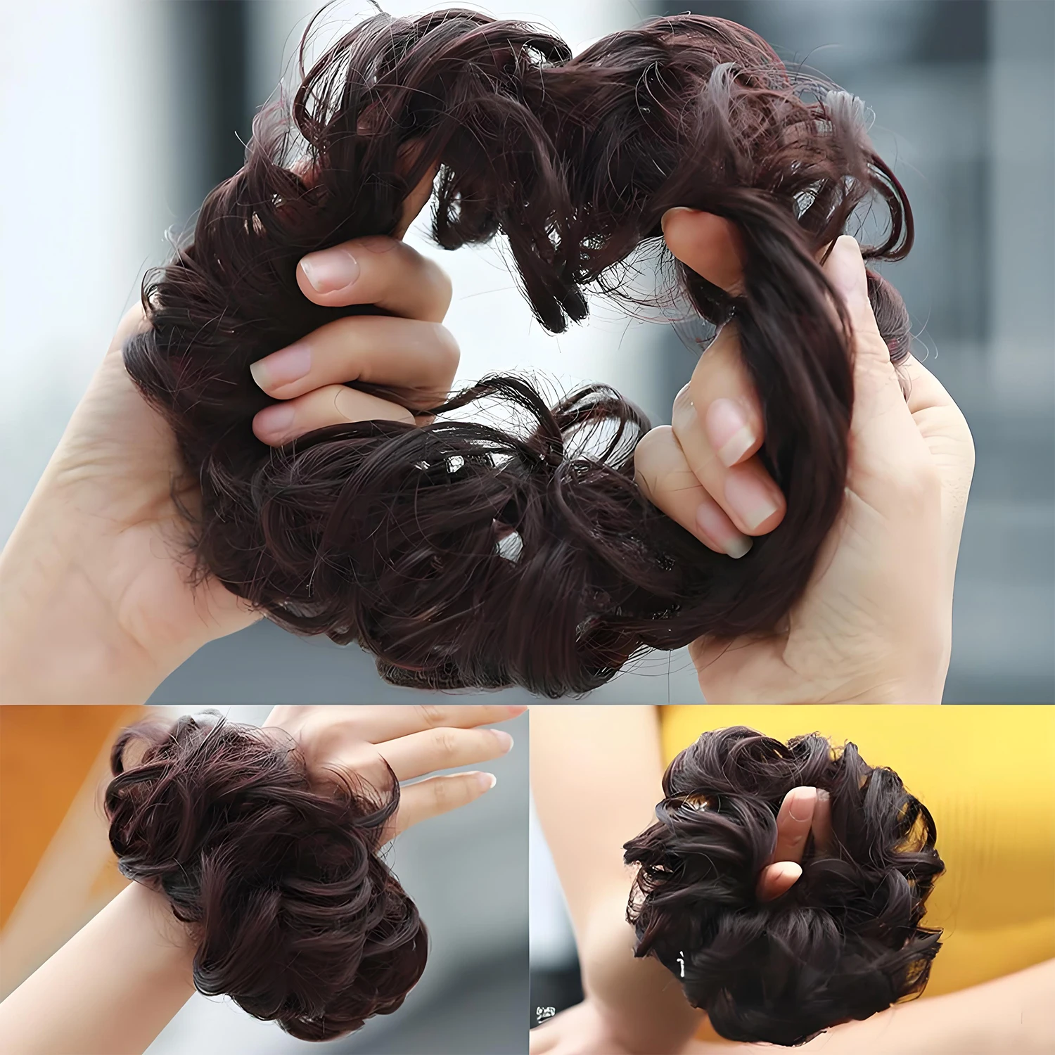 Allaosify 합성 헤어 번 여성용 천연 곱슬 머리 헤어피스 헤어 익스텐션 핑크 레드 블랙 Chignon With Rubber Band