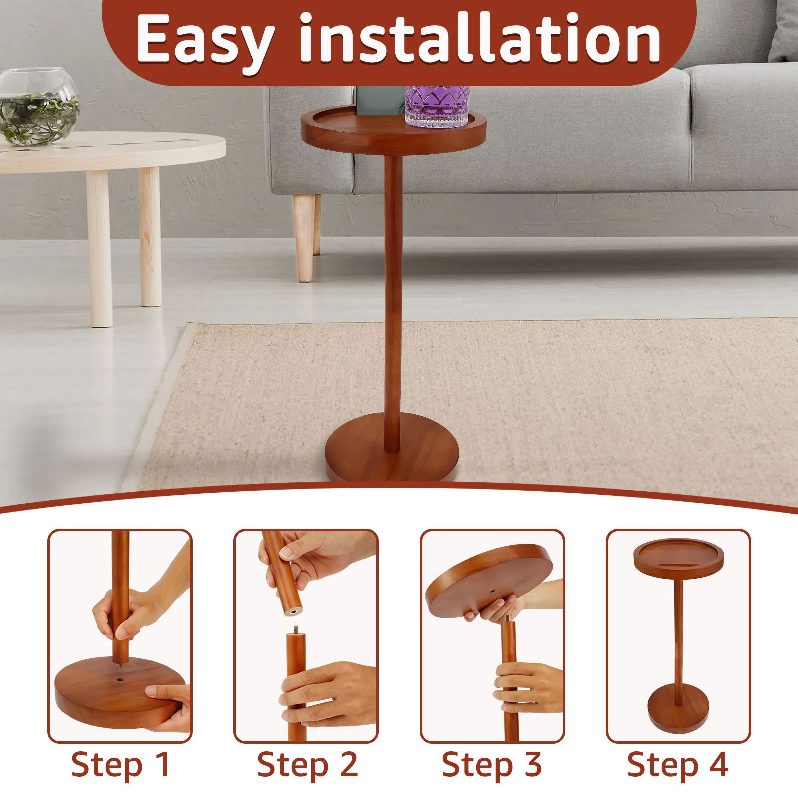 Mesas de centro pequenas redondas de madeira com suporte para telefone, mesas de canto para sofá com base espessada, mesa de centro, móveis para sala de estar