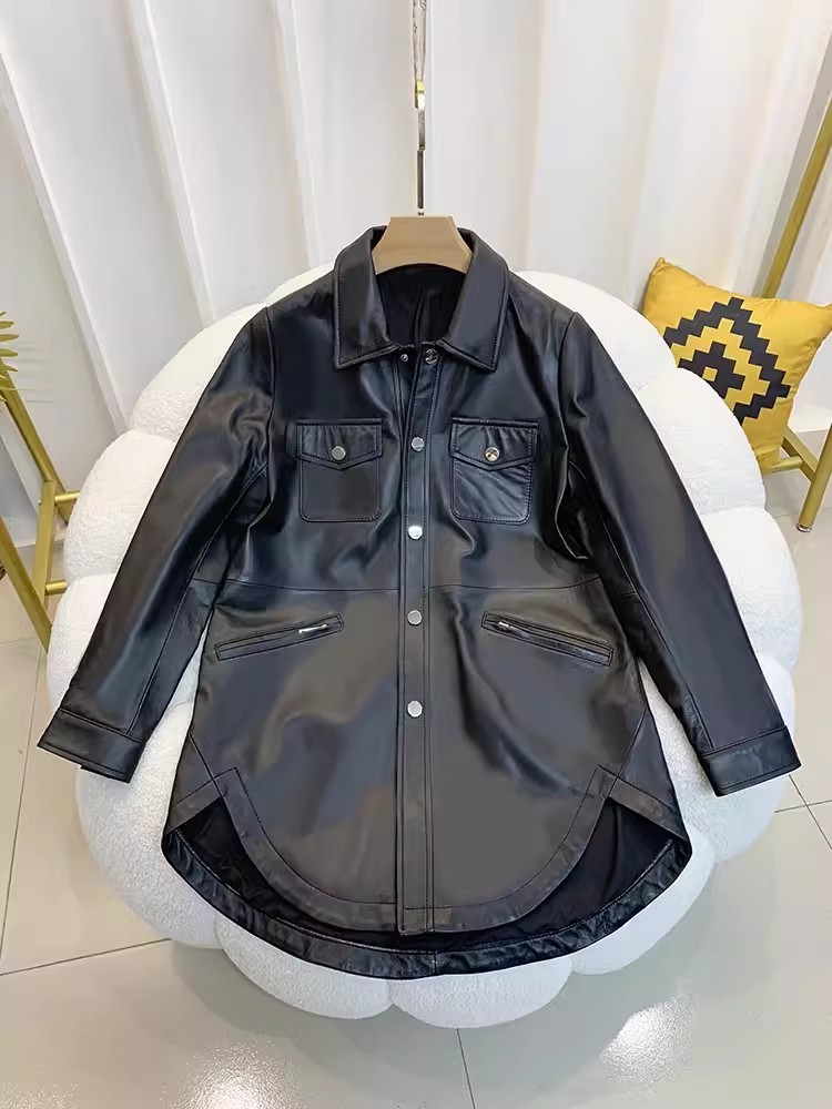 ฤดูใบไม้ผลิใหม่ผู้หญิงของแท้หนังแฟชั่นแขนยาว Turn-Down COLLAR ขนาดกลางยาวเดี่ยว Breasted Casual Sheepskin Coat