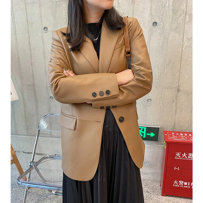 ของแท้หนัง Blazer สำหรับสตรี Commuter สไตล์ Single-Breasted Camel/สีดำกลางความยาว Sheepskin เสื้อผ้าสูทสตรีแจ็คเก็ต