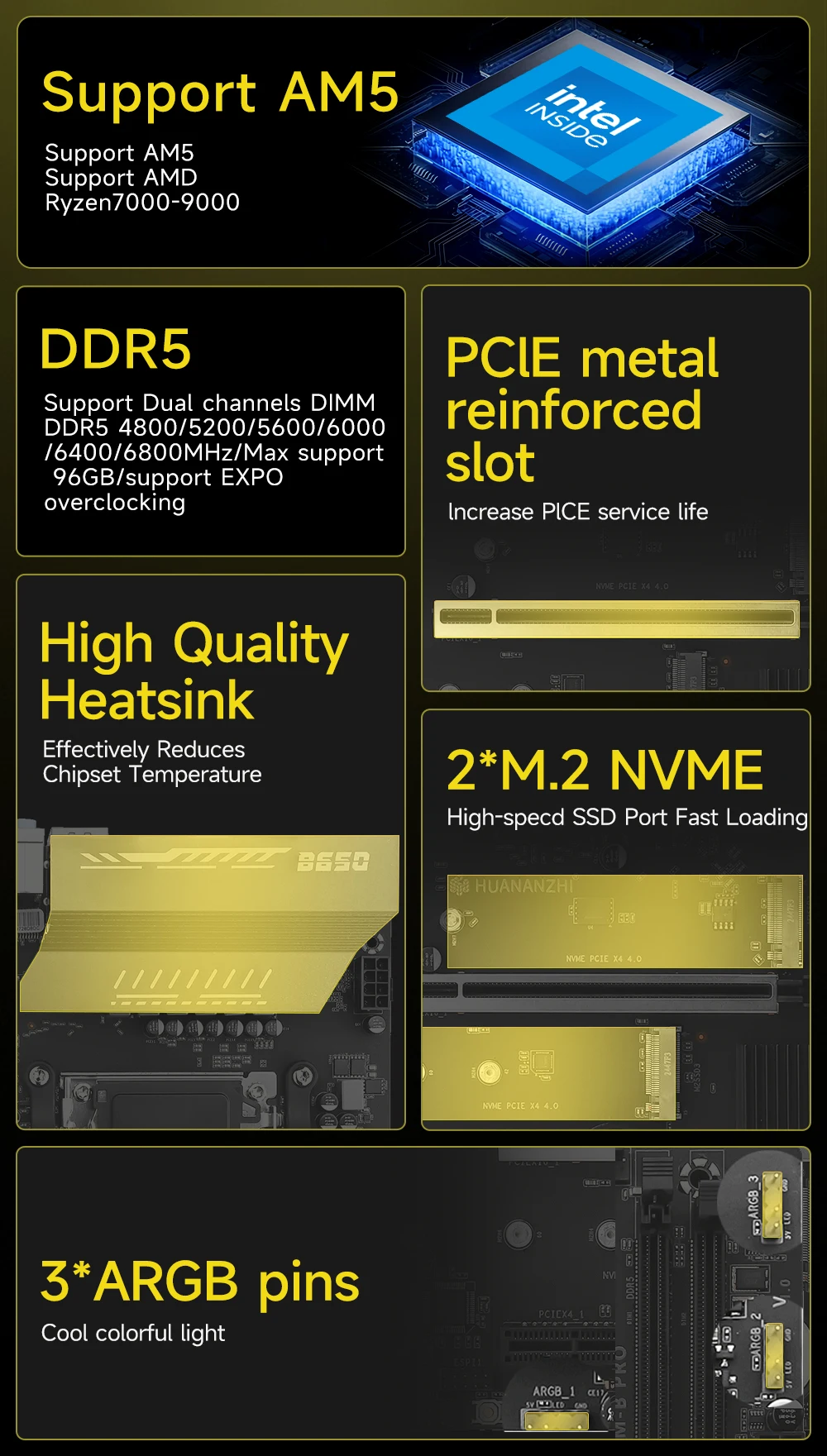 HUANANZHI B650M B PRO AMD AM5 Motherboard unterstützt Ryzen R5 R7 7000 8000 9000 Serie M.2 NVME WIFI Dual Channel DDR5 EXPO RAM