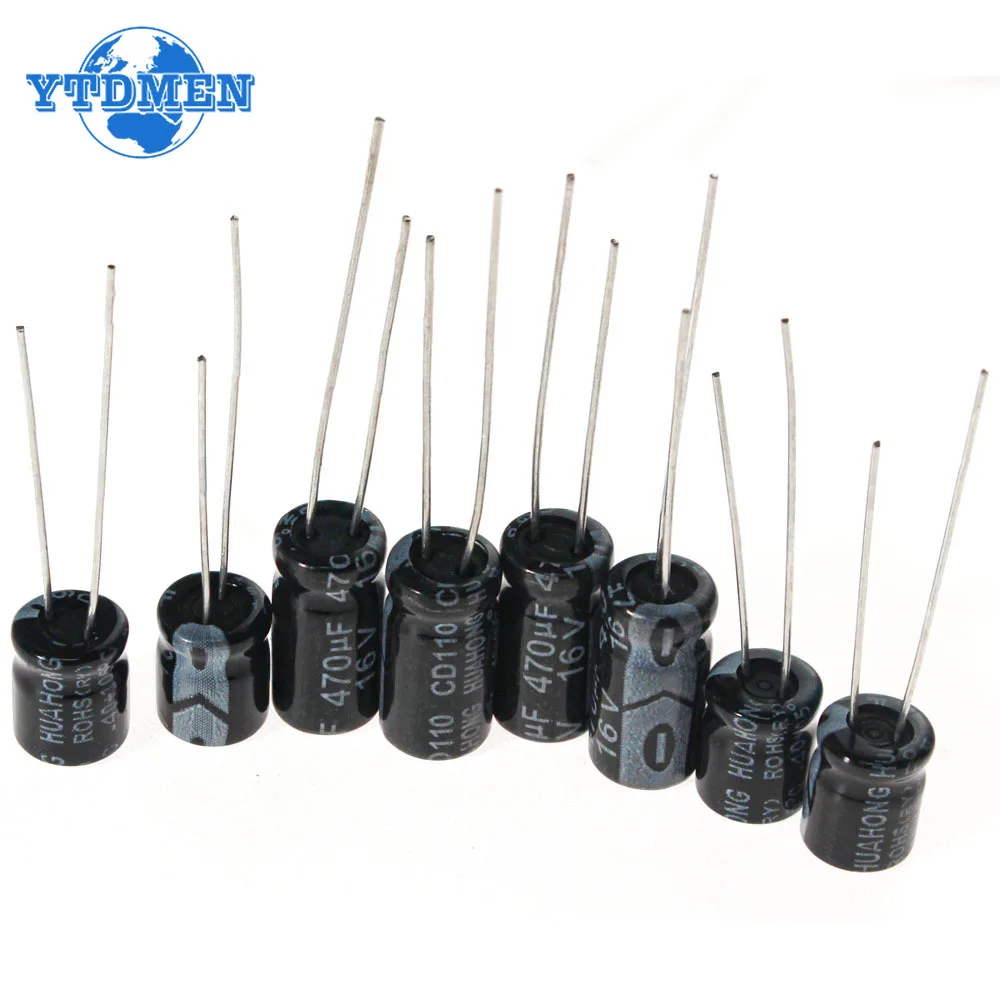 120PCS 16V 25V 50V ตัวเก็บประจุอลูมิเนียมอิเล็กโทรลีติคชุด 12 ค่า 1uF-470uF, 0.22uF-470uF DIP Electrolyte Capacitor