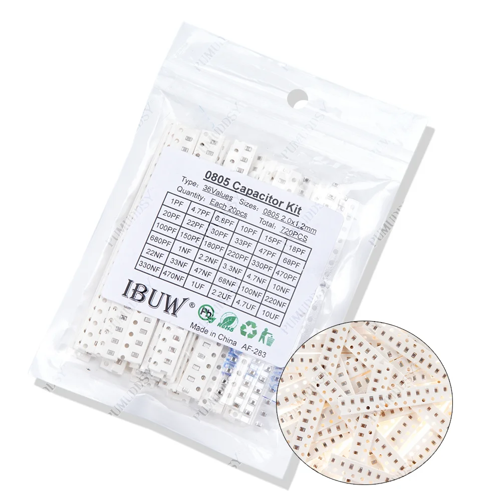 320 Uds 720 Uds 2500 Uds 0603 0805 1206 Kit de condensadores SMD Kit surtido 16/36/50 valores PUMUDSY 1PF ~ 1UF
