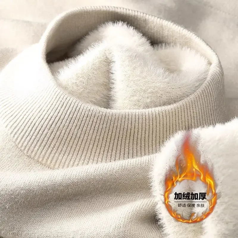 Plüsch Herren Strickpullover Rollkragenpullover mit samtgepolsterter warmer fester Pullover Herbst Winter dicker Boden lässiger O-Ausschnitt-Pullover