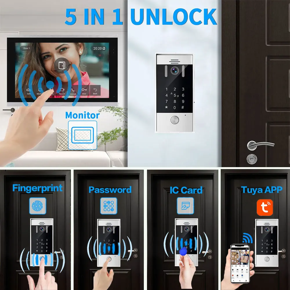 Fingerprint 5in1 Entsperren Wifi Türklingel Video Intercom System Für Home Türsprechanlage Tuya Smart 1080P Touch Monitor Sicherheit schützen