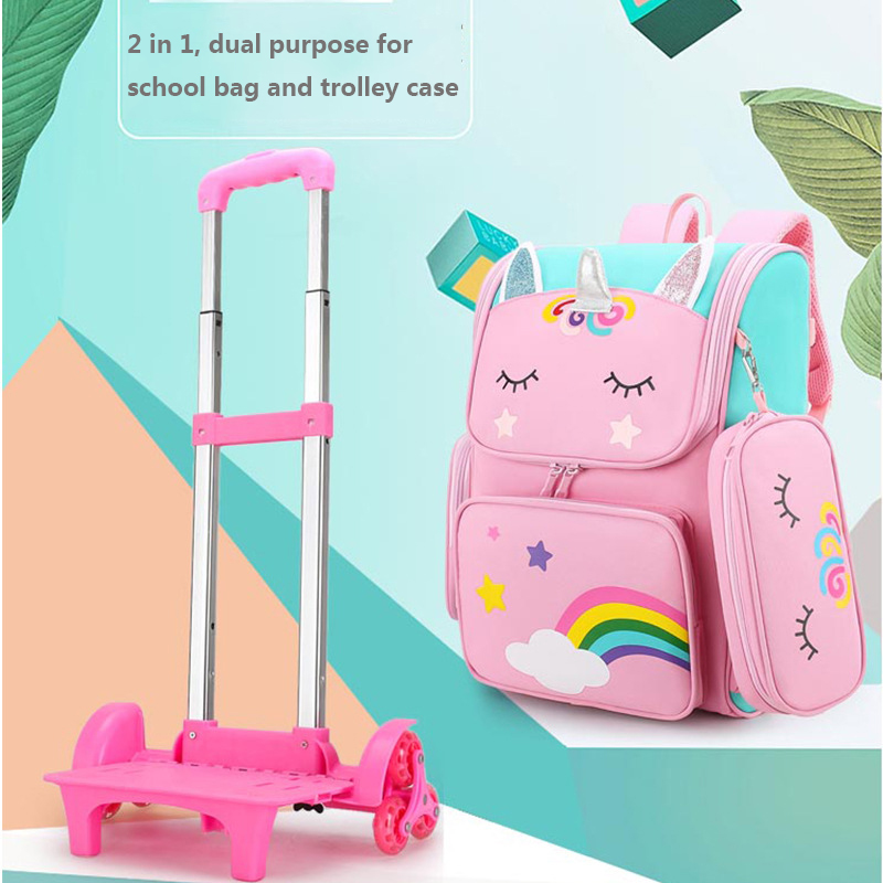 Cartoon-Einhorn-Schultaschen, Rucksack mit Rollen für Mädchen, Trolley-Tasche mit Rollen, für Studenten, Kinder, Rollrucksack, Trolley-Tasche