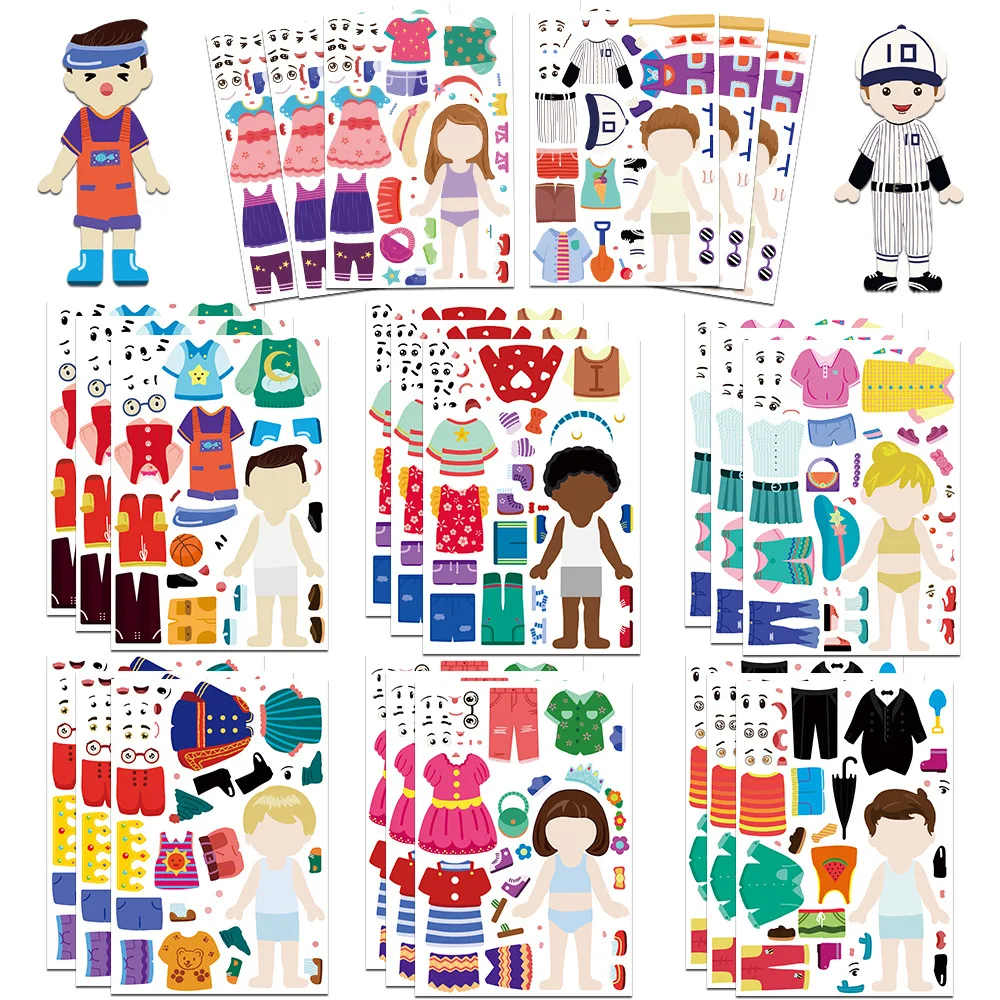 8 pçs crianças vestir-se quebra-cabeça adesivos bonito dos desenhos animados criativo diversão crianças quebra-cabeça conta material adesivos à prova dwaterproof água