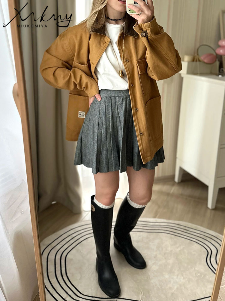 MiuKoMiYa สีเทากระโปรงผู้หญิงจีบกระโปรงมินิฤดูใบไม้ร่วงสูงเอวยาวถักกระโปรงผู้หญิงสีดํากระโปรงสั้นสุภาพสตรี