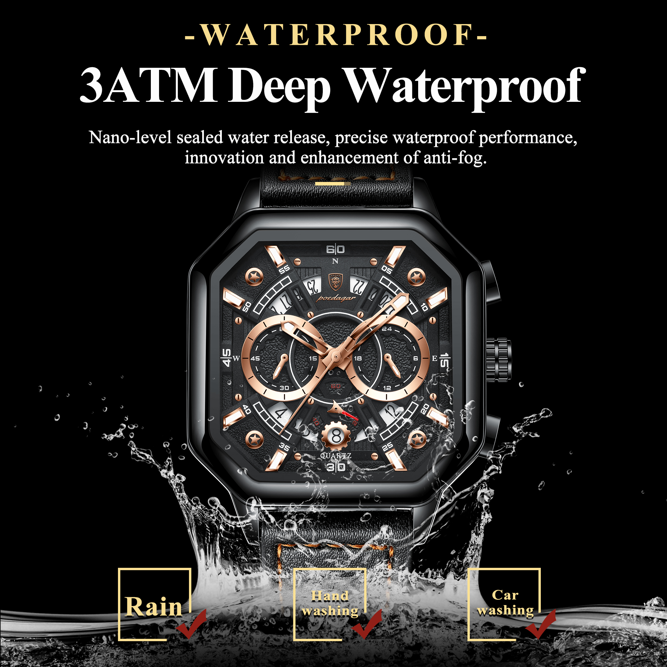POEDAGAR, Reloj cuadrado con cronógrafo de lujo para Hombre, Reloj luminoso resistente al agua con fecha para Hombre, relojes deportivos de cuero para Hombre, Reloj de cuarzo para Hombre