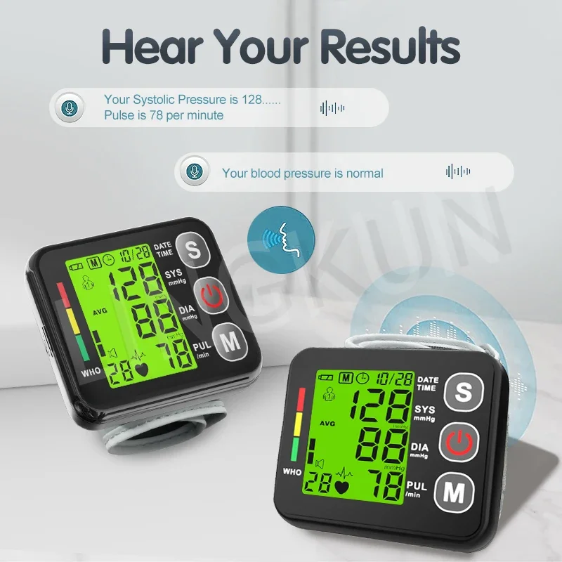 เสียงภาษาอังกฤษเครื่องวัดความดันโลหิตที่ข้อมือ Tonometer Digital Sphygmomanometer อิเล็กทรอนิกส์ Bp จอภาพ BP ที่แม่นยําสูง