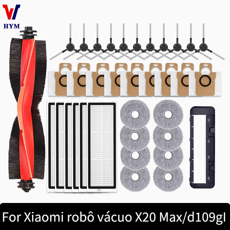 Para xiaomi robô vácuo x20 max/d109gl peças acessórios escova lateral principal filtro hepa mop pano saco de pó substituição