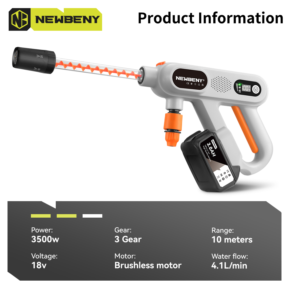 NEWBENY 220Bar 5 IN 1 브러시리스 고압 세척기 3 기어 18V 배터리 용 무선 가정용 자동차 정원 청소 도구