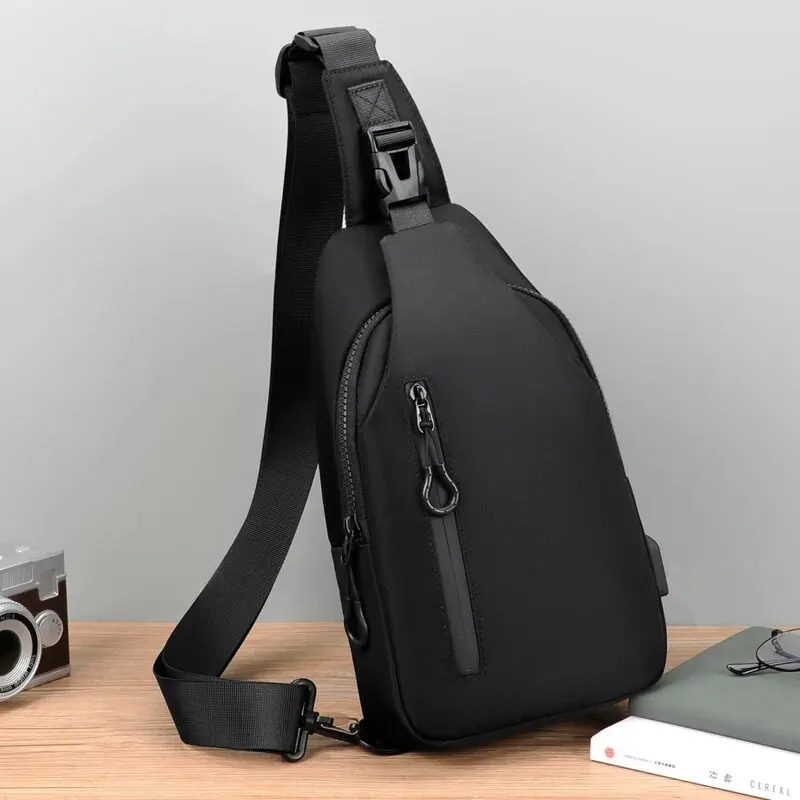 Bolsa mensageiro masculina legal casual Oxford à prova d'água e vestível bolsa de ombro recarregável por USB bolsa de peito