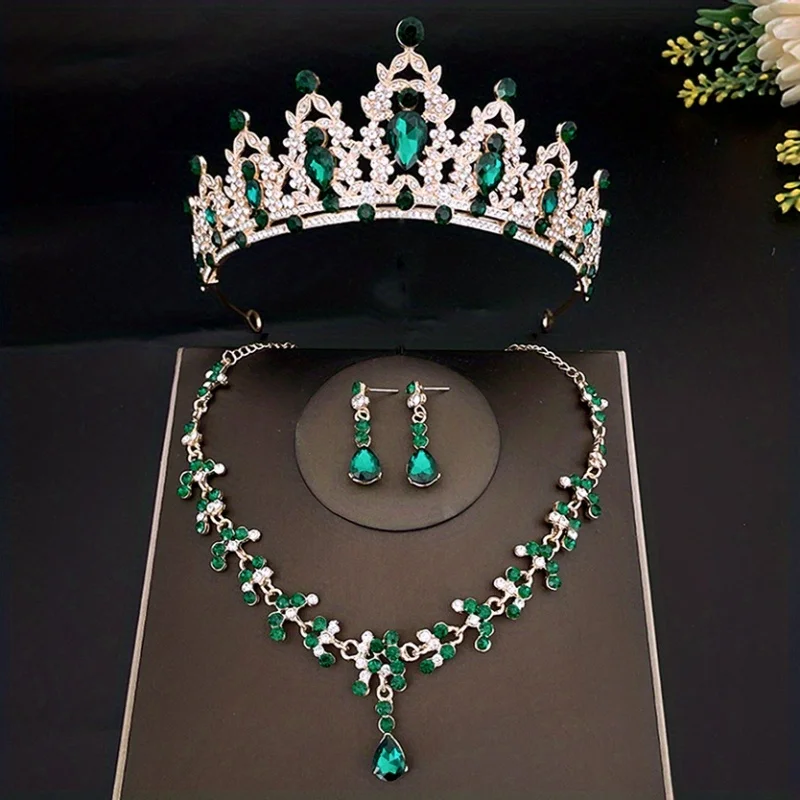 Juego de Tiaras y coronas nupciales de cristal para mujer, conjunto de joyas de collar, diamantes de imitación, accesorios para el cabello de boda, corona, 3 piezas por juego