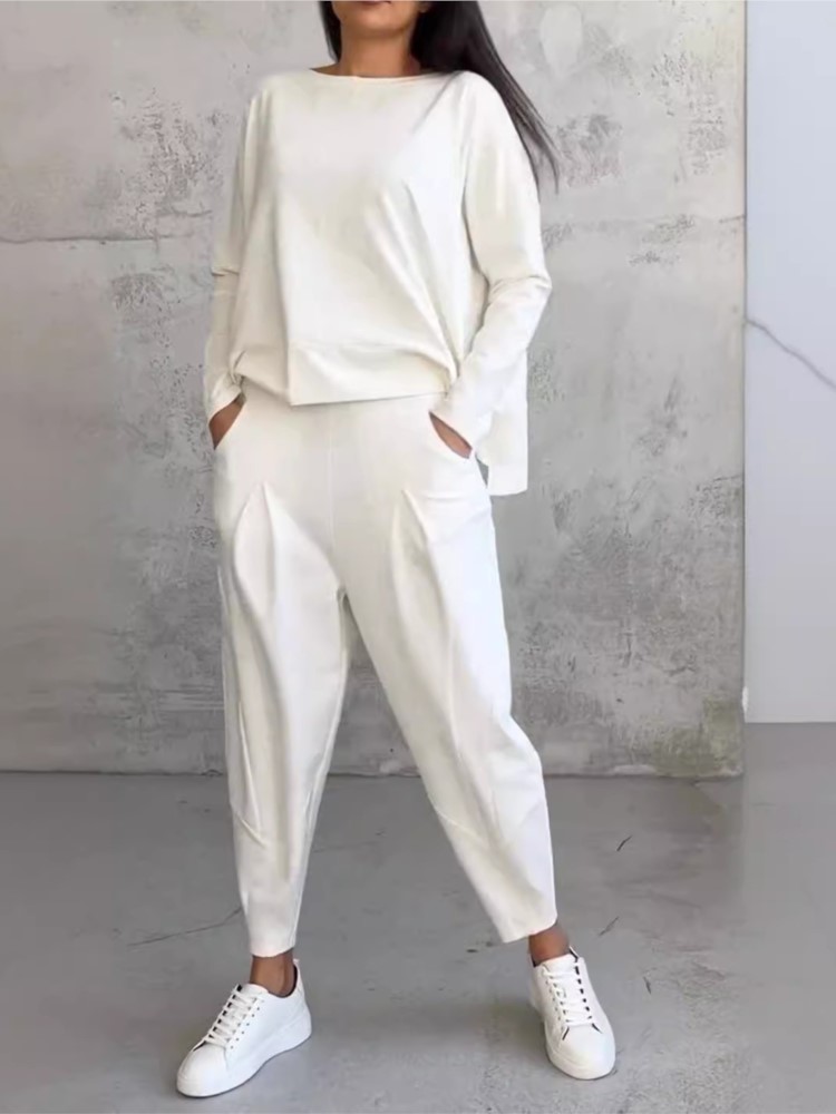 Conjunto deportivo liso para mujer, Top holgado Irregular de manga larga, pantalones bombachos, conjunto de dos piezas para primavera y otoño