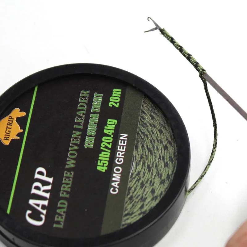Línea de pesca de carpa de 20m, línea líder de carpa trenzada sin núcleo de plomo, línea principal verde de camuflaje Leadcore para aparejo de carpa, aparejo de helicóptero Chod